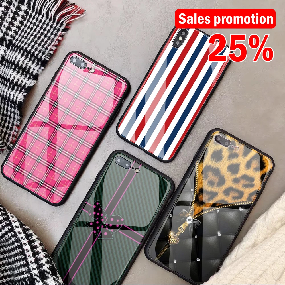 

Customized Tempered Glass Phone Case for iPhone X XS MAX XR 6 6S Lattices stripe Leather DIY Phone Cover for iPhone 7 8 7Plus