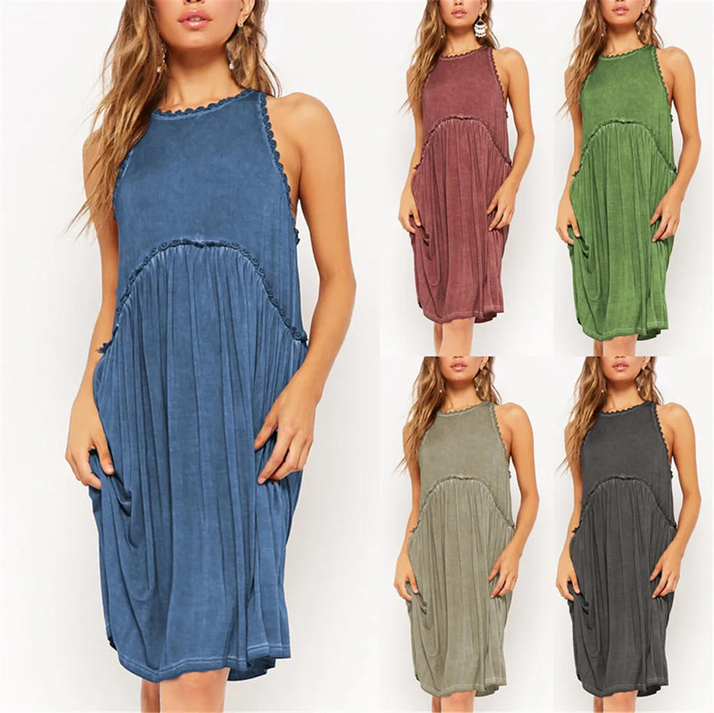 

Fashion Women's Dresses 2019 Summer Sleeveless Solid O-neck vestidos Women Lace Patchwork Casual Dress