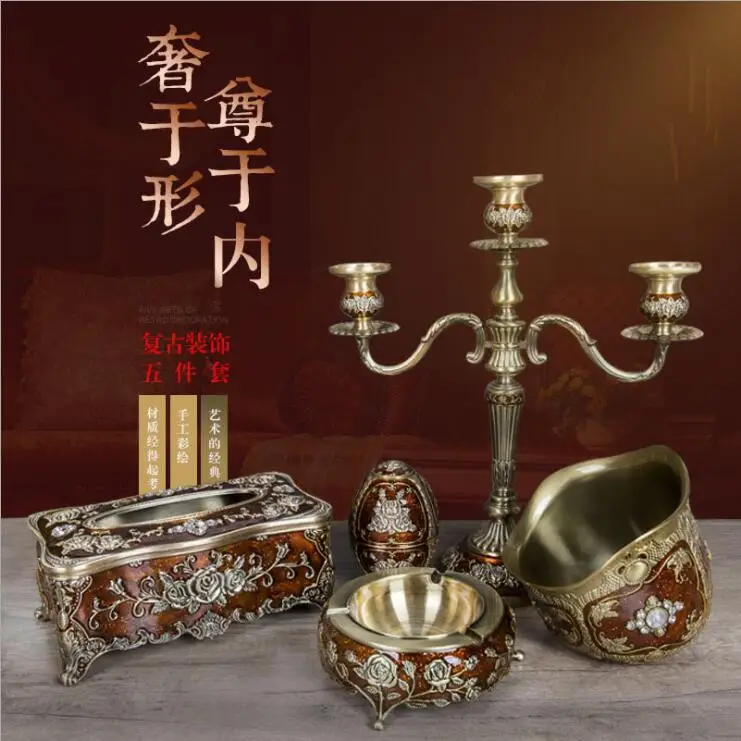 

High Quality 5Pc/Set Christmas Decoration For Home Metal Candle Holder Tissue Box Teethpicker Holders Desktop Trashbin