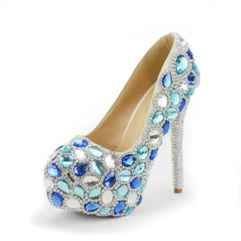 

Love Moments wedding high heels shoes blue woman Luxurious crystals handmade rhinestone platform wedding dress party shoes