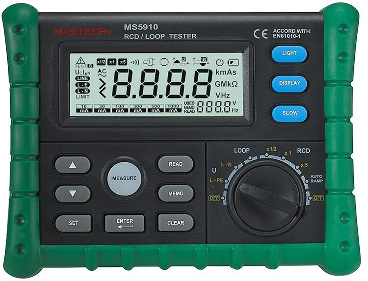MASTECH-MS5910-Professional-GFCI-Tester-Circuit-Trip-out-Current-Time-Test-RCD-Loop-Resistance-Meter-with