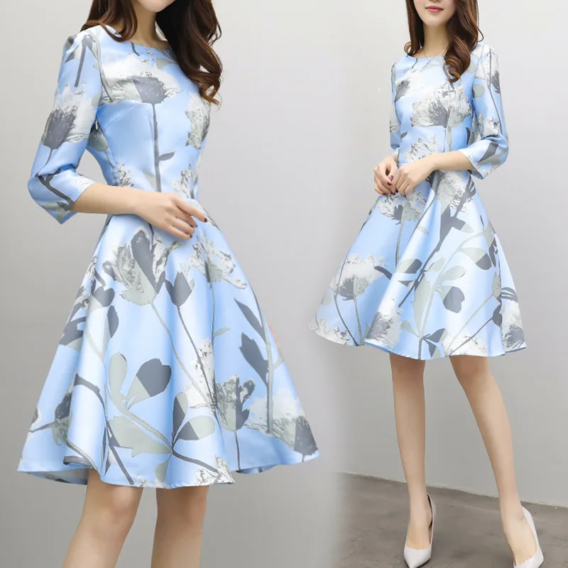 

VENI LYNN The New Korean Version of The Spring Dress 7-inch Bottom Print A-character Long Thin Word Collar Dress Woman