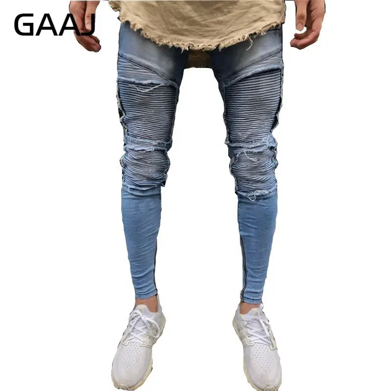 GAAJ Men's Jeans Fashion Knee Folds Ripped Hole Skinny Bottom Zipper ...