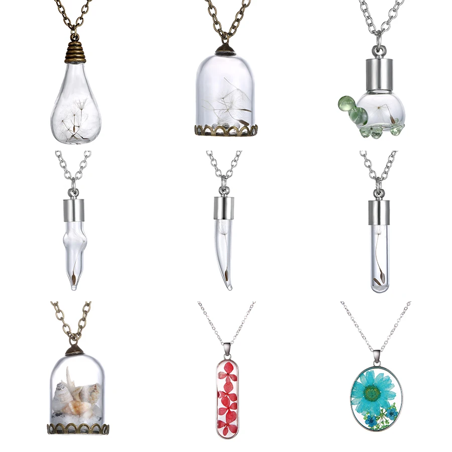 

Rinhoo Multiple Design Glass Charm Pendant Necklace Bulb Chili Turtle Bell Jar Conch Starfish Natural Lace Dried Flower Necklace