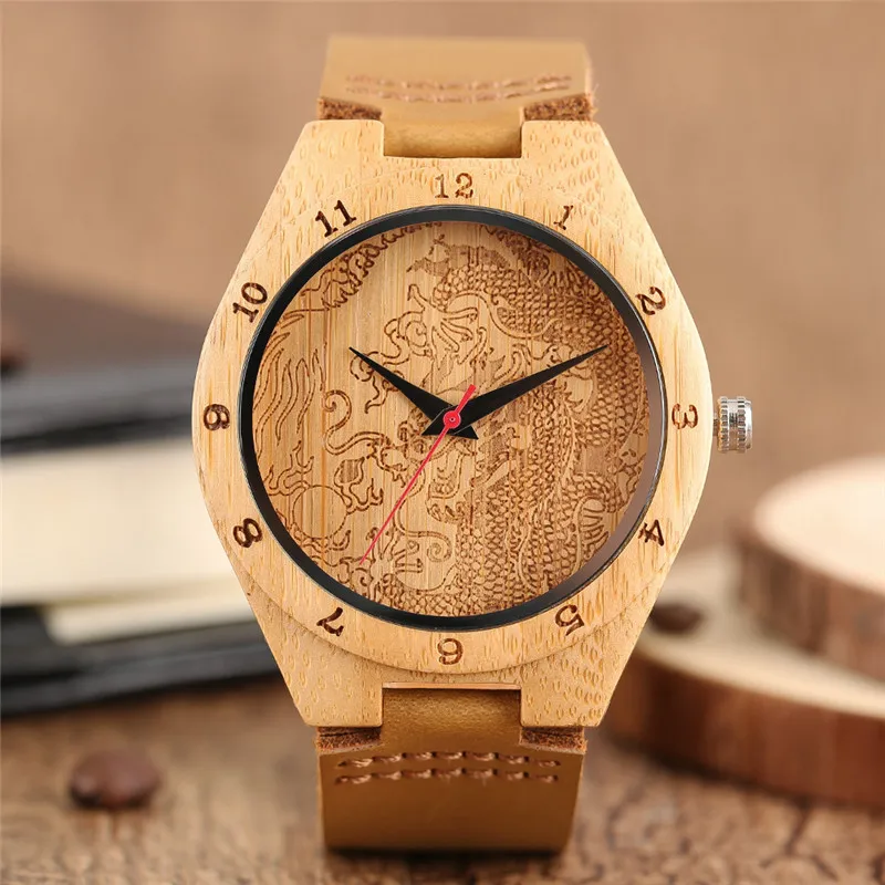 

Creative Handmade Carving Dragon Dial Mens Watches Natural Bamboo Wood Quartz Wrist Watch Genuine Leather Bangle Reloj de madera