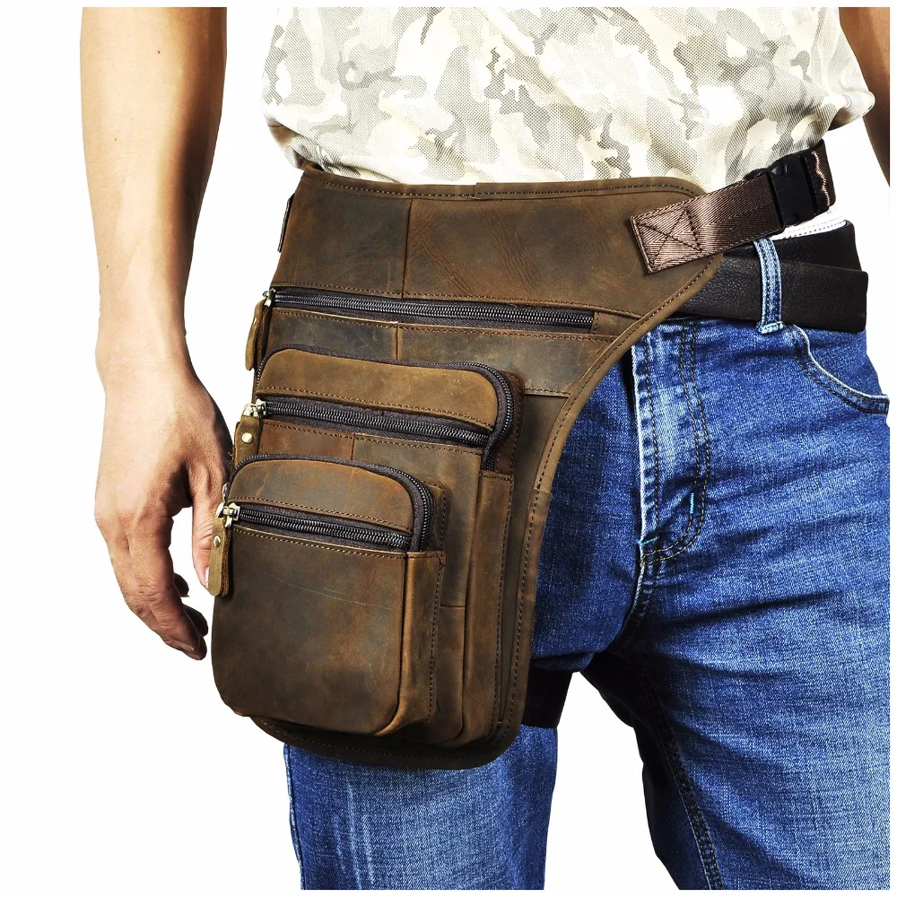 

Original Leather Men Design Casual 8" Tablet Messenger Bag Fashion Multifunction Travel Waist Belt Pack Drop Leg Bag Male 3111