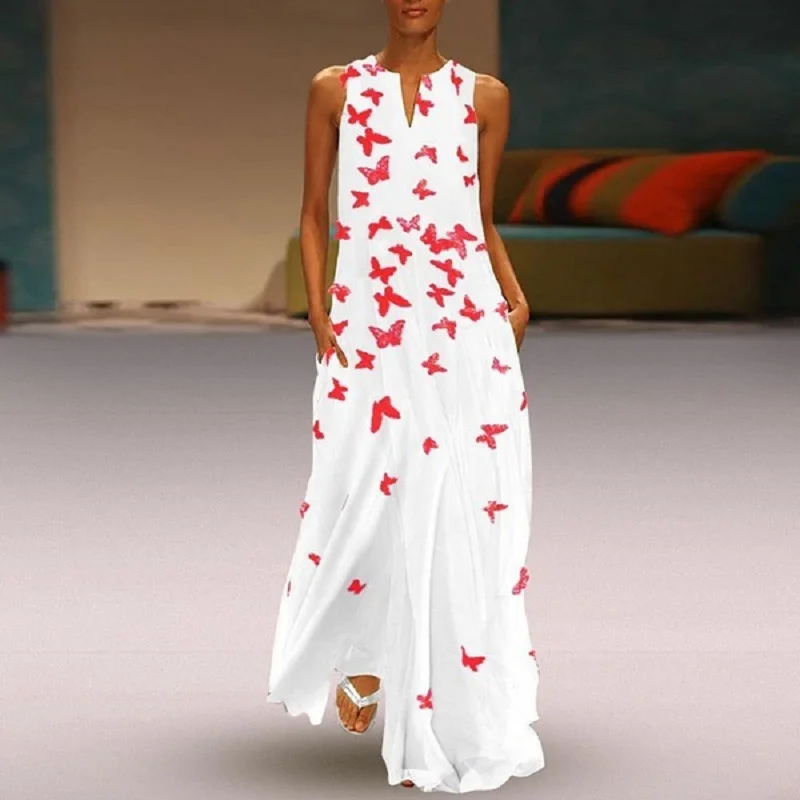 VIEUNSTA, женское винтажное длинное платье с v-образным вырезом и принтом бабочки,, бохо, без рукавов, с карманами, летнее платье, повседневное, свободное, Пляжное, макси платье