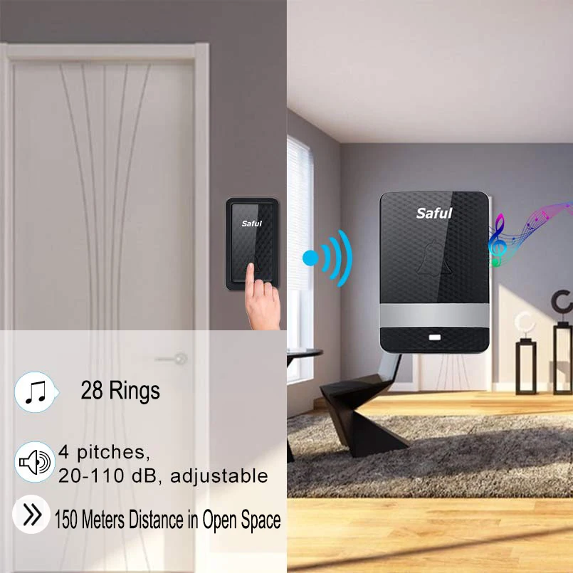 Saful Wireless Doorbell Self-powered NO Battery Waterproof 150M Range EU/AU/US/UK Plug Push Button Door Chime For Old People Saful Wireless Doorbell Self-powered NO Battery Waterproof 150M Range EU/AU/US/UK Plug Push Button Door Chime For Old People