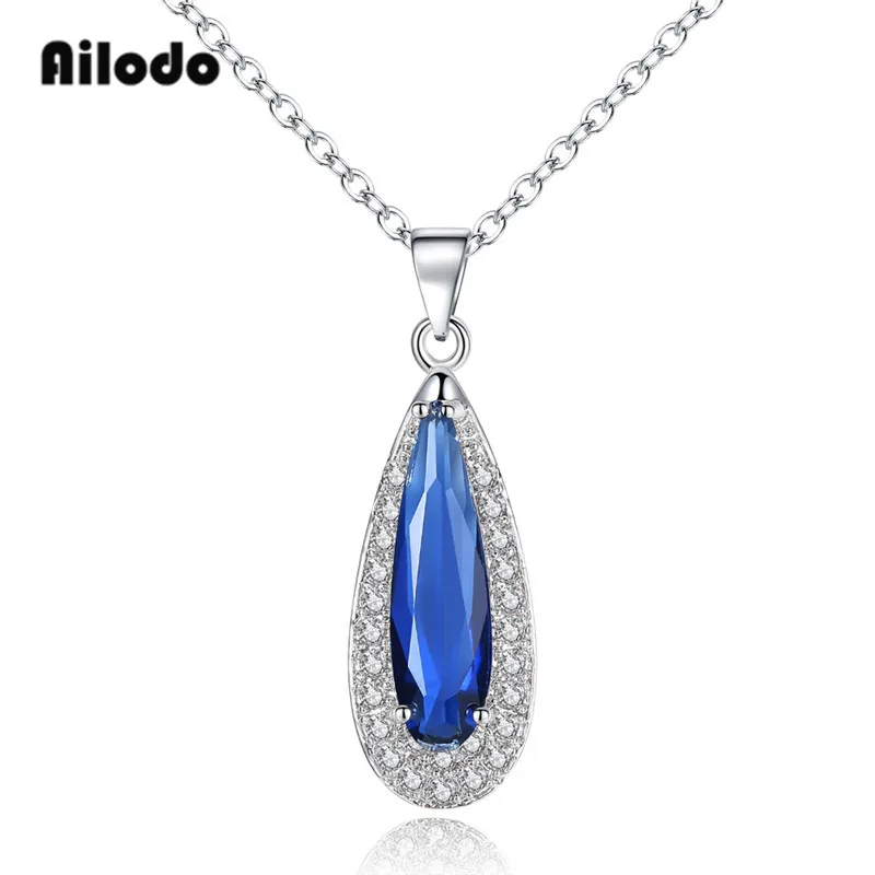 

Ailodo New Fashion Waterdrop Crystal Pendant Necklace Blue Red Green Purple Color Simple Elegant Necklace For Women Gift LD073