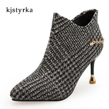 Kjstyrka 2017 Outono Inverno mulheres ankle boots de couro para Chelsea Botas Apontado Toe Calçados Mulher Bundinha Botas Femininas