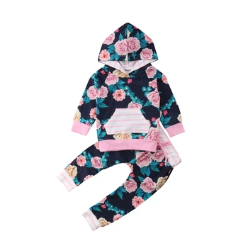 

2Pcs Newborn Toddler Baby Girls Autumn Hooded Floral T-shirt Sweatshirt+Pants Outfits Set Suit 0-24M