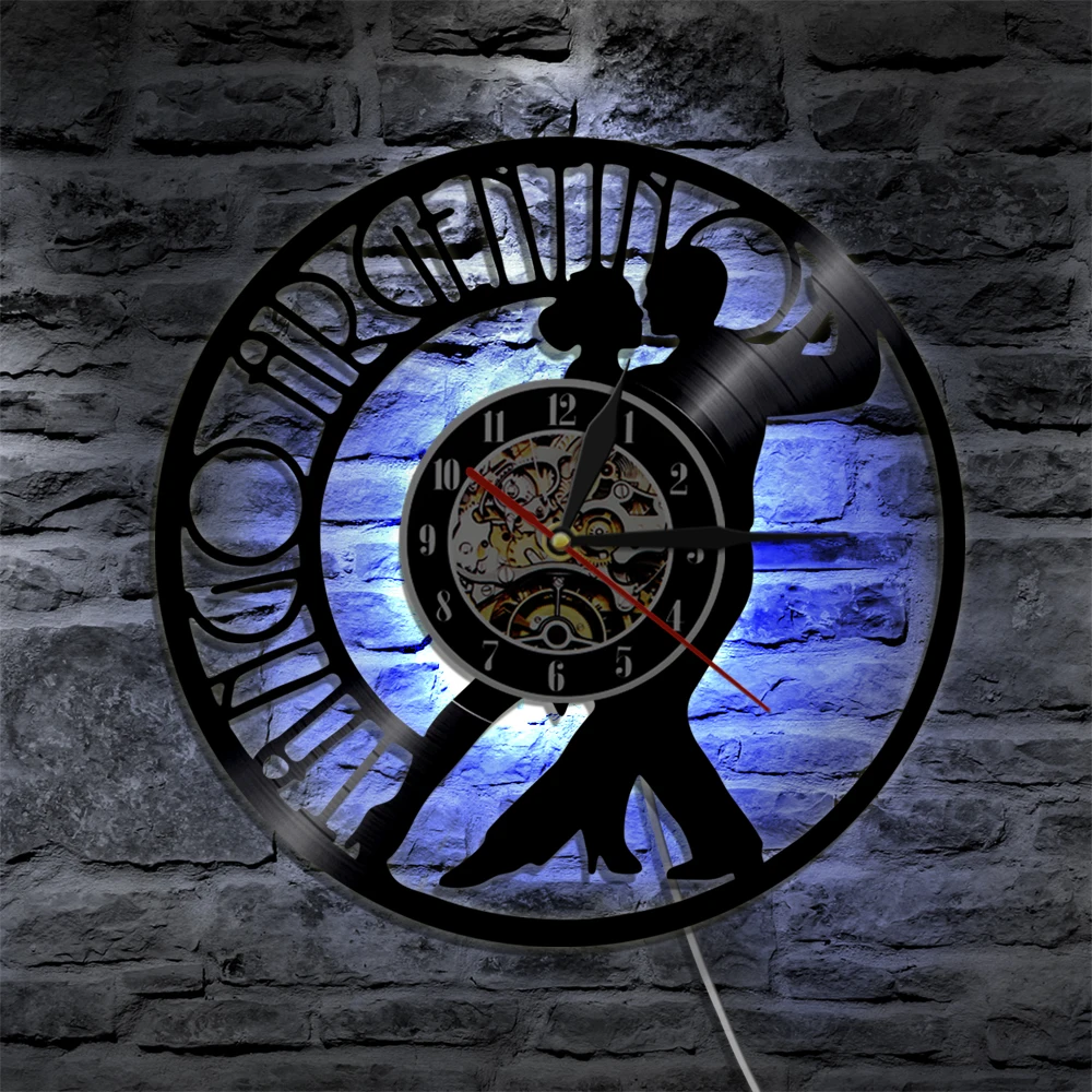 Ceny 1 sztuka Tango Argentina sylwetka LED z powrotem wiszące Sport nowoczesne płyta winylowa ścienne zegar do dekoracji domu pilot zdalnego sterowania tancerz prezent