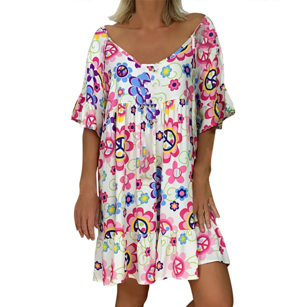 

2019 woman summer sexy loose beach dress long print short-sleeved mini beach dress cover up sunscreen beach dress plus size 40J3