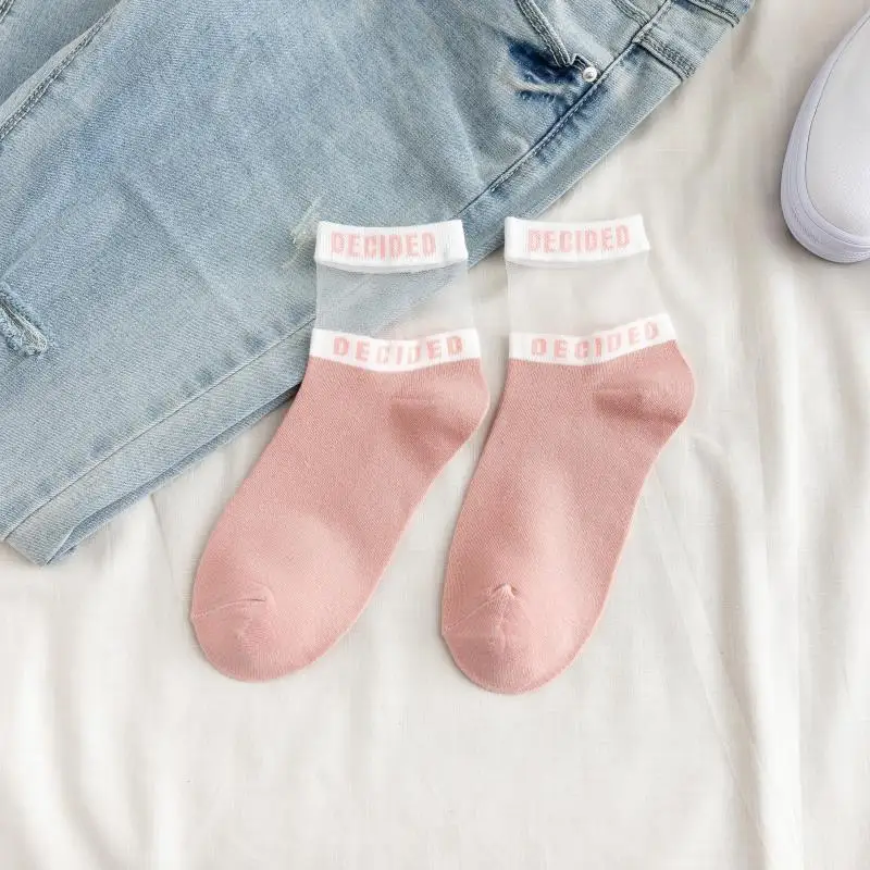 SP& CITY, летние прозрачные носки с буквенным рисунком, женские хлопковые короткие носки с дырочками, тонкие повседневные короткие носки, женские удобные носки - Цвет: pink