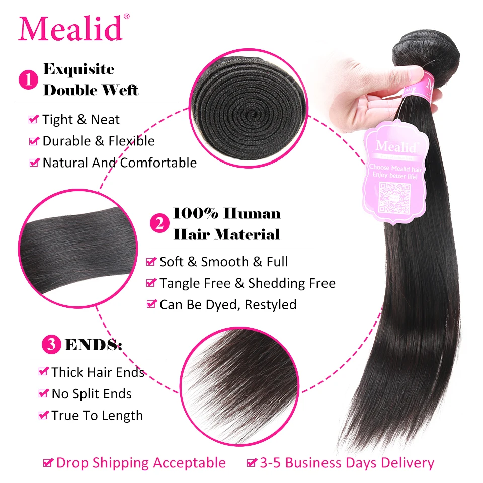 Mealid Brazilian Hair Weave Bundles With Frontal Nonremy Straight Human Hair Bundles With Closure Frontal with Bundles Free Part