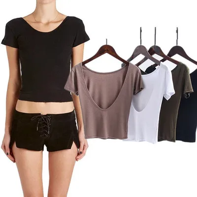

2018 Hot Sale Stretch Summer New Women T Shirts Ms Solid Color Short Sleeve tshirt Women's Fashion Cotton Backless T-shirt