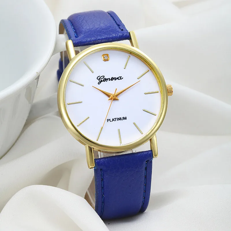Для женщин модные дизайн циферблат кожаный ремешок аналоговые Женева кварцевые наручные часы новое поступление простой для мужчин - Цвет: Синий