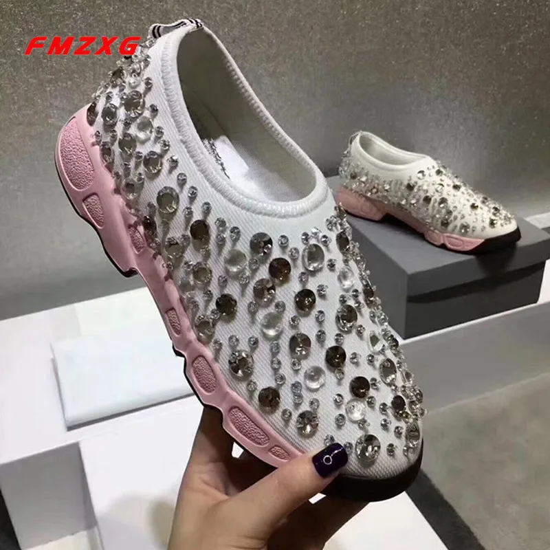 

Women Bling String Bead Embroider Flat Casual Shoe Fashion Crystal Comfortable Sneakers Woman Round Toe Super Quality Brand shoe