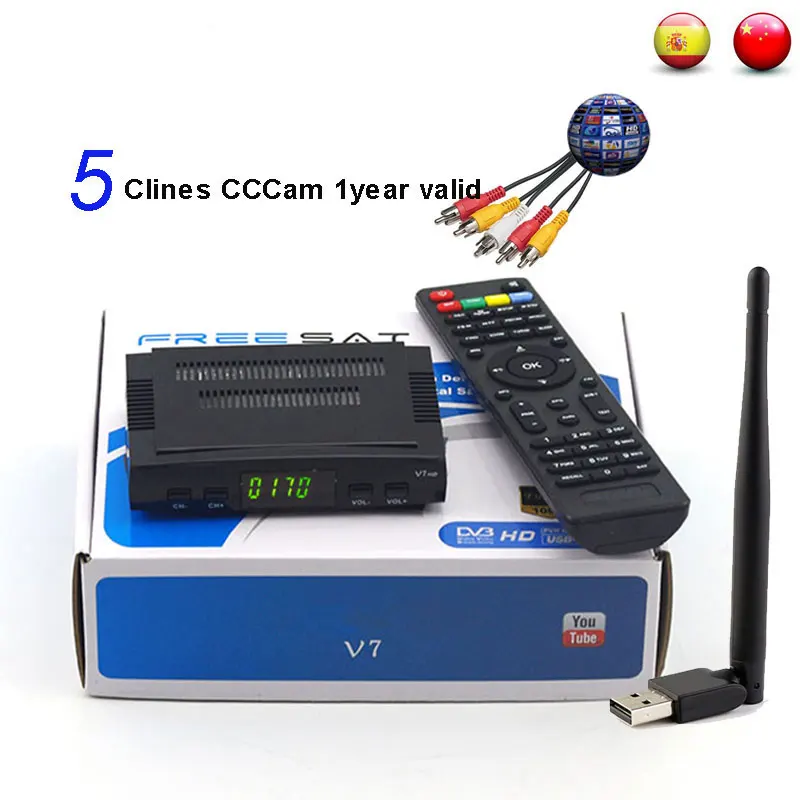 

V7 HD satellite receiver DVB-S/S2 standard Automatic PAL/NTSC 1080P HD via usb wifi antenna valid 1 year 5Clines cccam