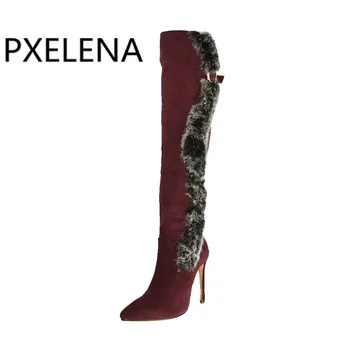 

PXELENA Chic Over The Knee Boots Ladies Shoes Faux Fur Stiletto High Heels Slim Fit Thigh High Boots Women 2018 Autumn Winter