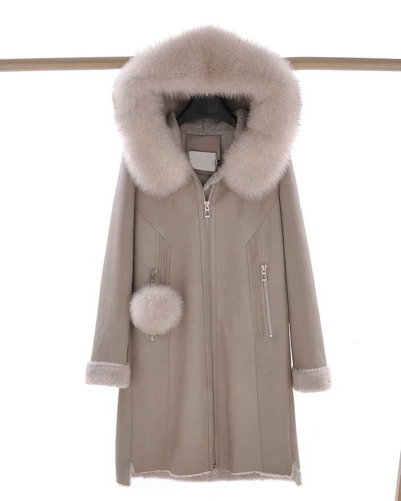 New Arrival Real Sheepskin Lady Coat With Fox Fur Collar With Long Sleeve Zipper Elegent Style Thick Warm Fur