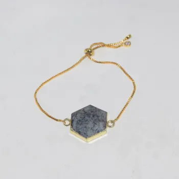 

2019 New Jewelry Natural stone connector men charm bracelet hexagonal blue crystal quartz gold chain bracelet for men