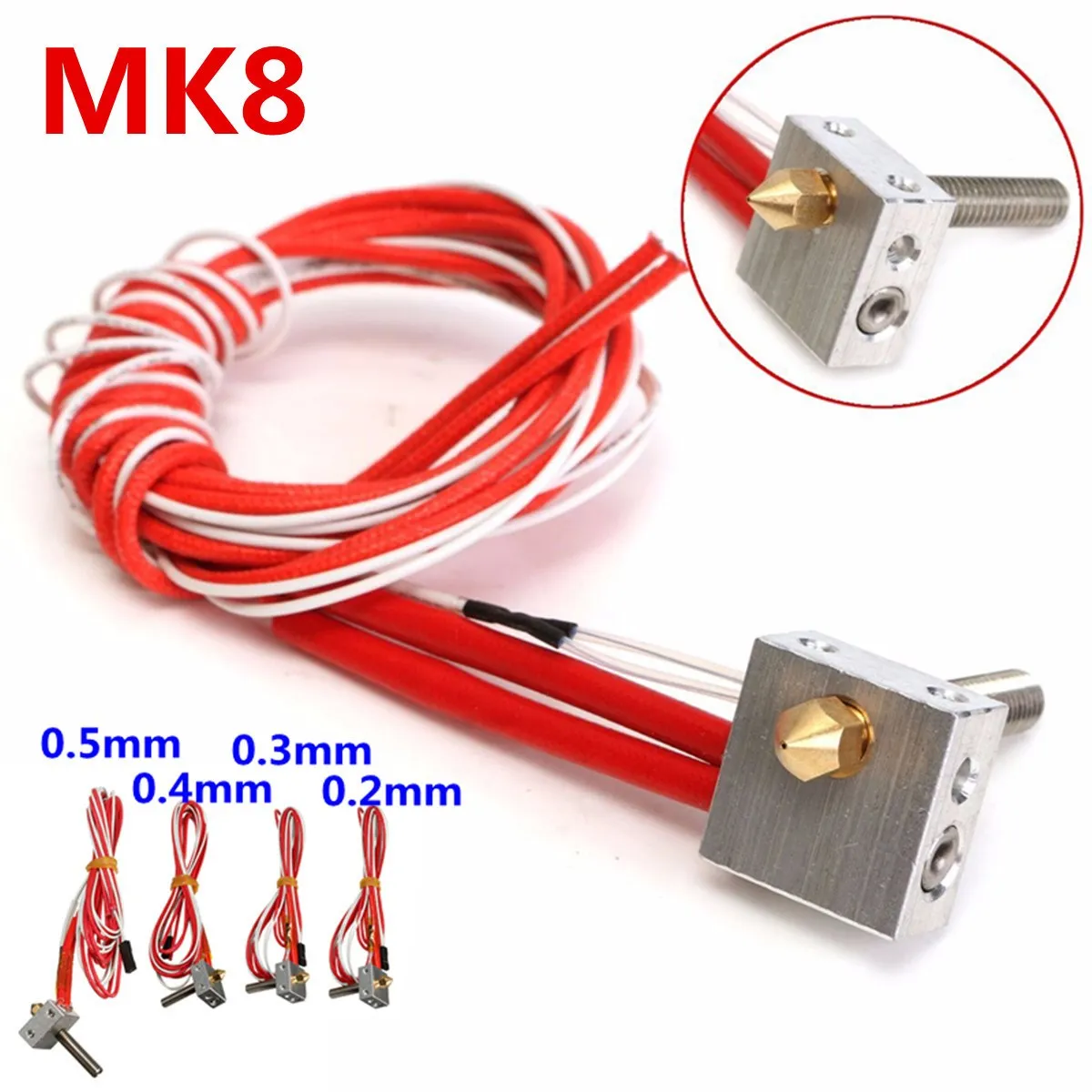  Assembled Extruder Hot End kit for Prusa i3 3D Printer 1.75mm MK8 0.2/0.3/0.5mm Nozzle 3D printer DIY Accessories 