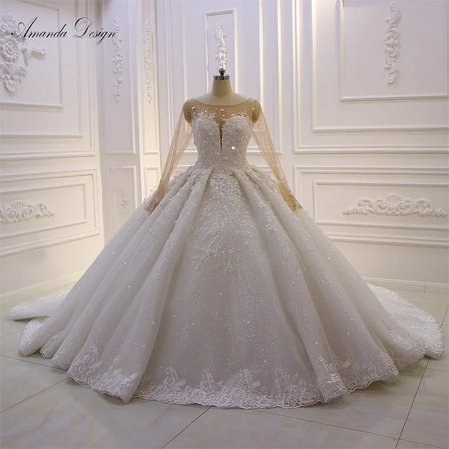 Аманда дизайн vestidos de festa longo с длинными рукавами кружевное с аппликацией из бусин свадебное платье с цветами