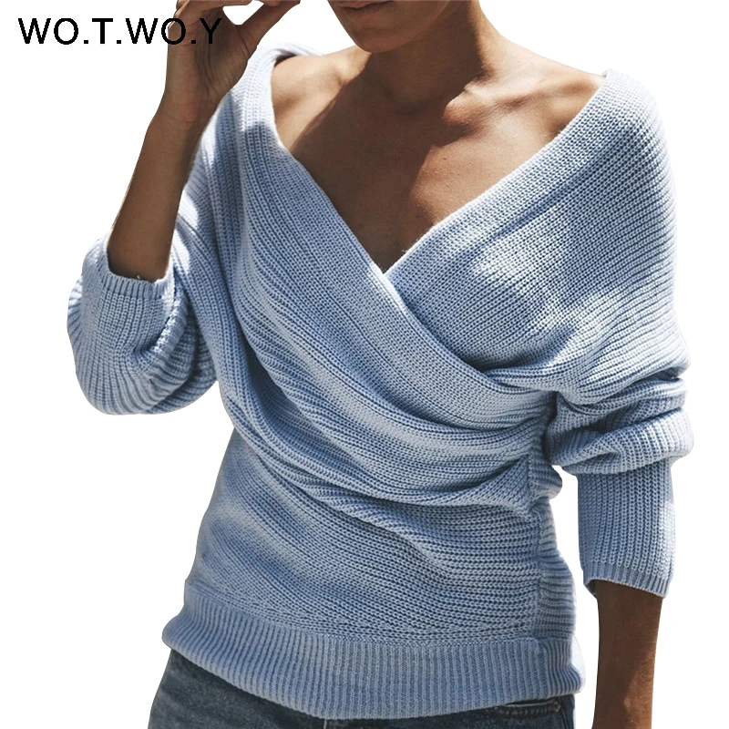 WOTWOY Sexy V Neck Cross Knitted Sweater Women Pullover Hollow Out 2018 Winter Cashmere Women Sweater Backless Streetwear Jumper WOTWOY Sexy V Neck Cross Knitted Sweater Women Pullover Hollow Out 2018 Winter Cashmere Women Sweater Backless Streetwear Jumper