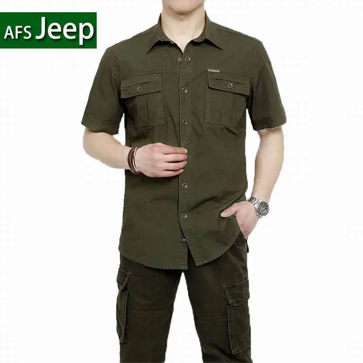 Plus Size XXXXXL Summer Men's 100% Cotton Shirts Solid Color Dress Short Sleeve Shirts Casual BEST SELL Man Brand AFS JEEP 5003