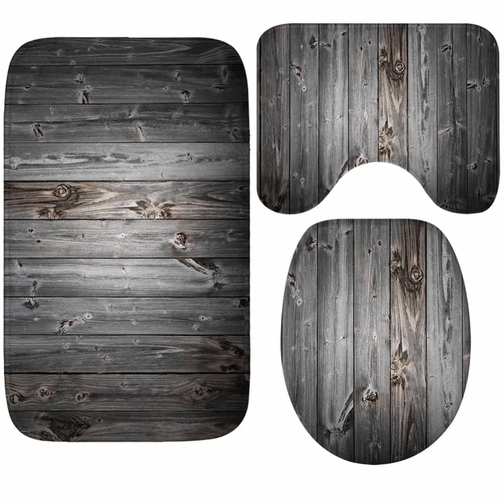 3-Piece Set Memory Foam Pine Wood Pattern Bathroom Rug Mat Soft Non-Slip Absorbent for Toilet Tub Shower and Bath Room