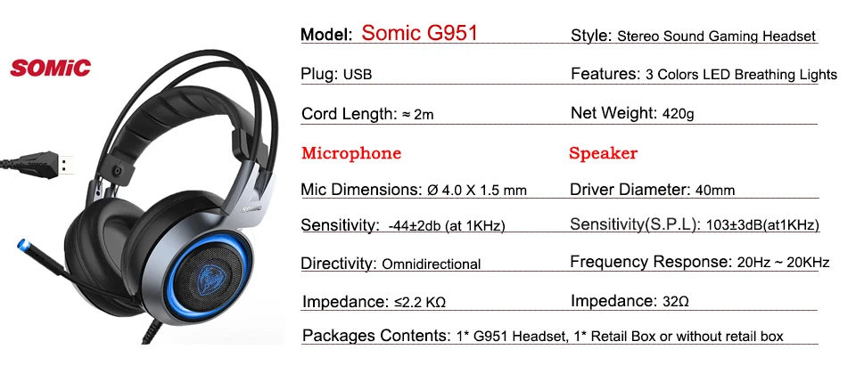 SOMIC G951 стерео звук Игровые наушники двойной луч вибрации гарнитура с микрофоном USB 3 цвета светодиодный светильник наушники для ПК Игр