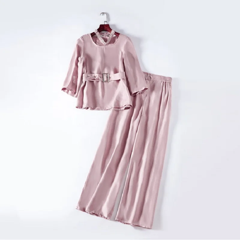 

Work Pant Suits Autumn Spring Summer Women Beading Halter Neck Pink Tops Blouse+Wide Leg Pant Sets Female Clothing Suits Lady