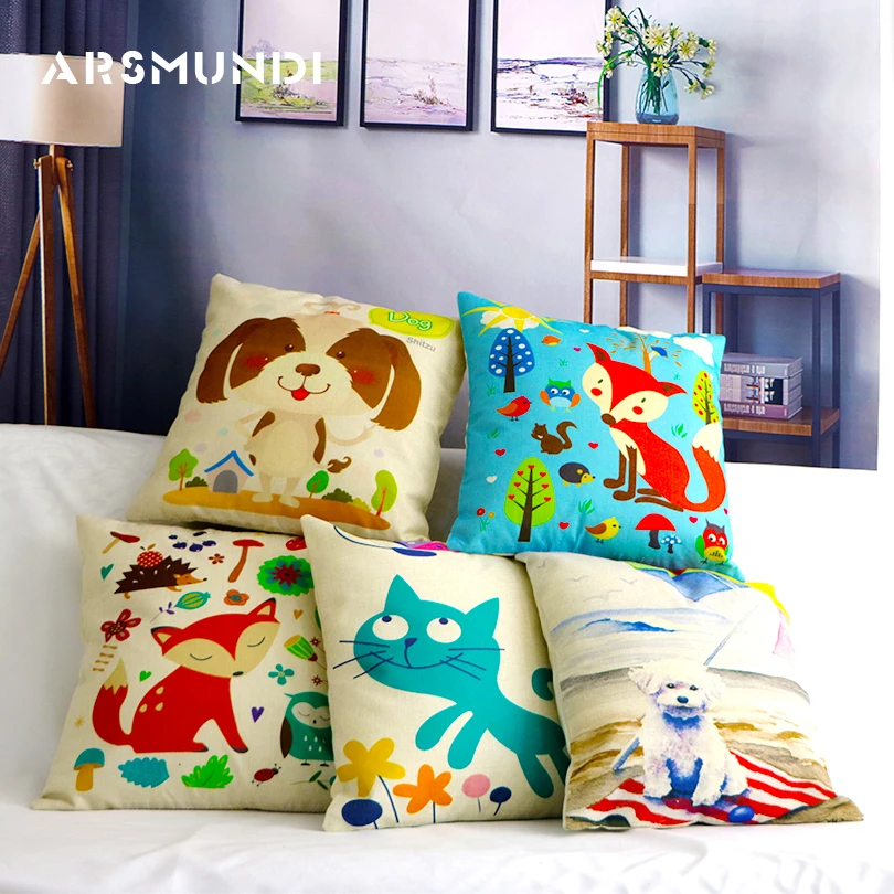 

Cute Animal Cushion Cover Fox Dog Cat Throw Pillowcase Linen Cushion Covers for Sofa Car Home Decoration Cushion Covers