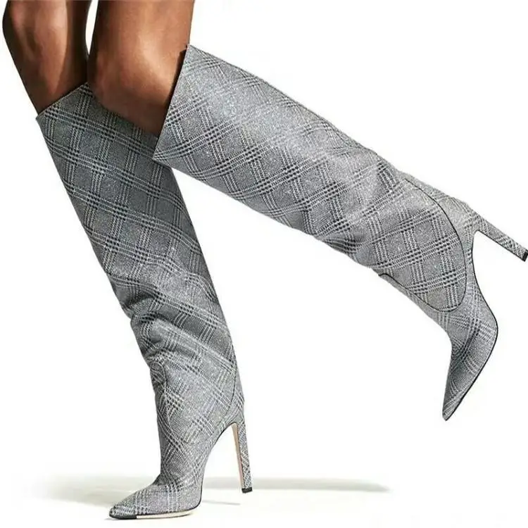 

Runway Grey Plaid Black Leather Winter Boots Women Poinetd Toe Slip On Botas Mujer High Heels Fashion Show Shoes Zapatos Brand