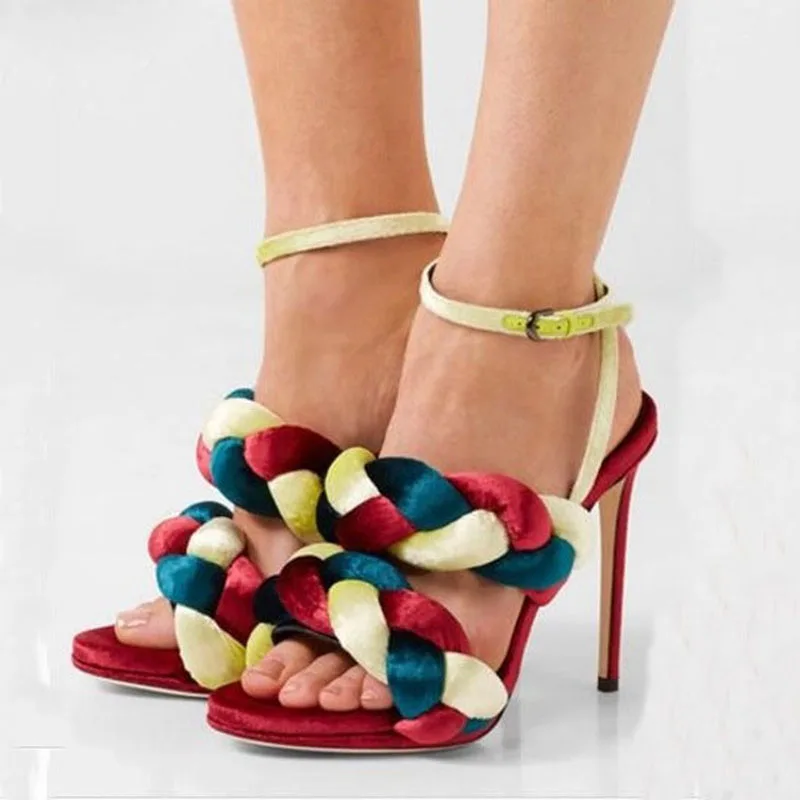 Hot Woven Multi Velvet Twisted Ankle Strap Stiletto High heel Gladiator Women Sandalias Shoes