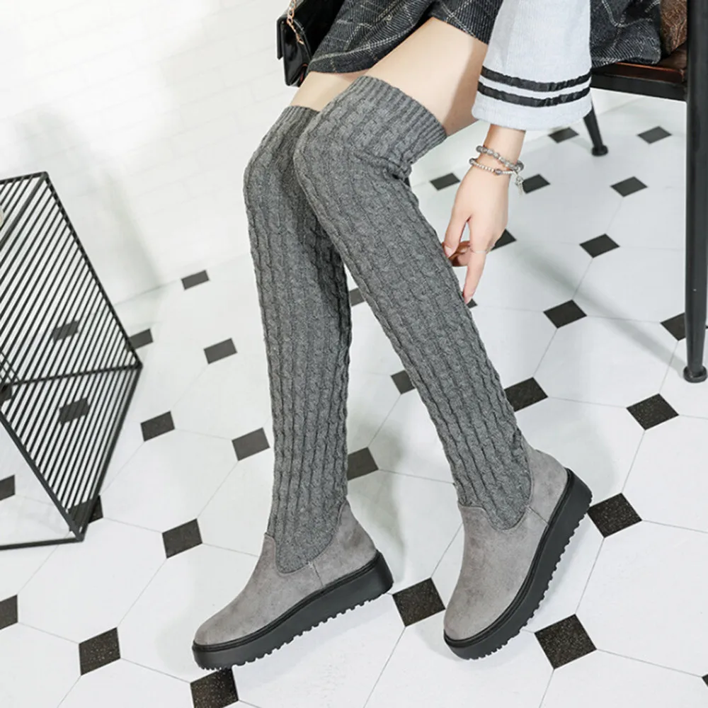 

2018 Fashion Knitted Women Knee High Boots Elastic Slim Autumn Winter Warm Long Thigh High Boots Woman Shoes#AC30