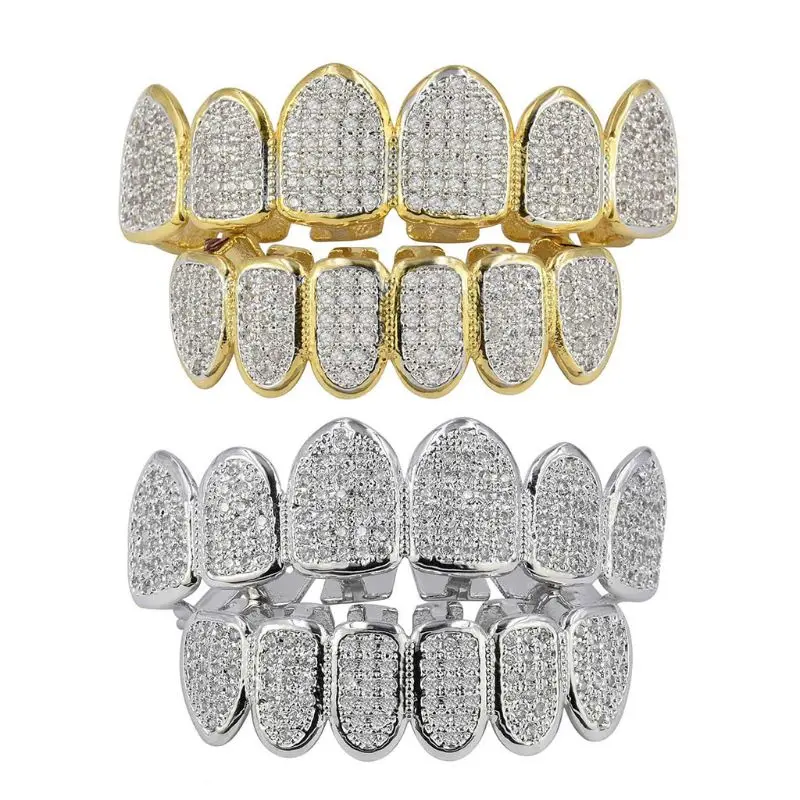 

Hip Hop Gold Silver Luxury Rhinestone Vampire Grillz Set with Extra Silicone Bars Included