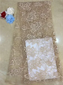 

2019 African Lace High Quality French Lace Fabric With Sequins Champagne Gold African Lace Fabric For Nigerian Wedding Dress X4