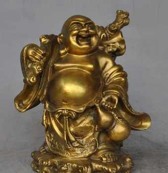 

free shipping chinese buddhism brass wealth gold bag gourd happy Maitreya laugh Buddha statue