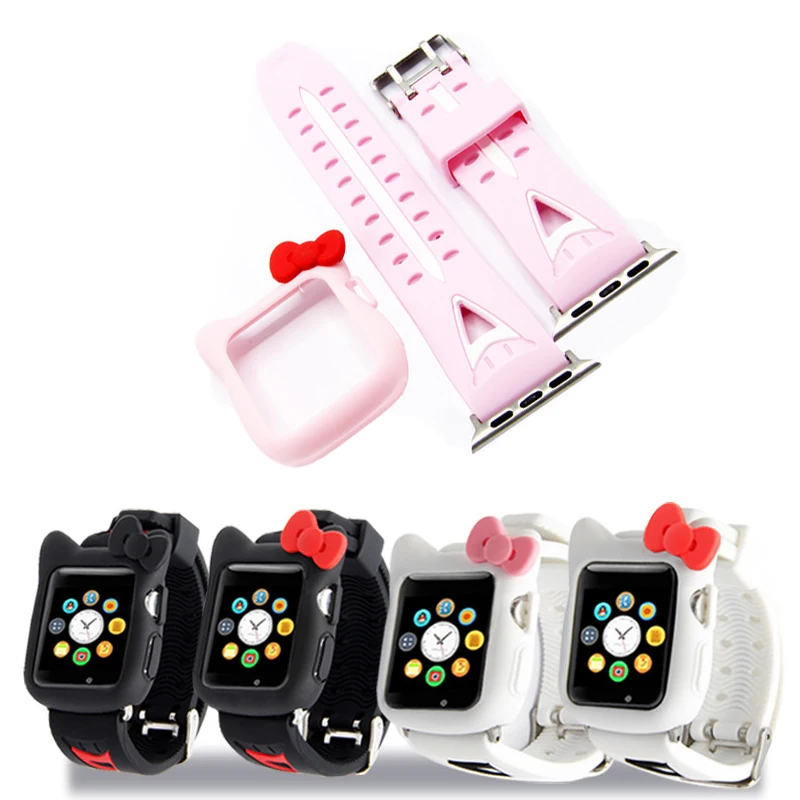 

Silicone case and band 2 in 1 Set protector Bumper for Apple watchband 42/38mm Cartoon Hello kitty Strap for iWatch series 3 2 1