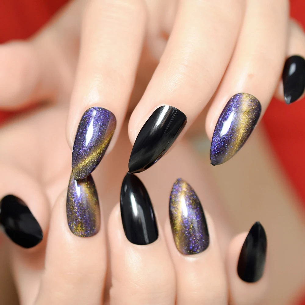 Черные кошачьи глаза накладные ногти фиолетовое золото Galaxy Гель-лак дизайн шпильки накладные ногти Средний пресс на маникюрные советы 24