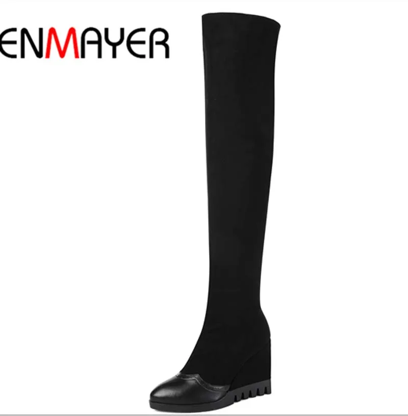 

ENMAYER Long Boots for Women New Pointed Toe Wedges Over-the-Knee Boots Shoes Full Grain Leather Platform Warm Black  Red wine
