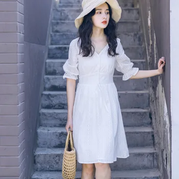 

White Dress Cotton Short Sleeve V-neck Casual Hollow Out Jurken Artistic Casual Femme Dresses Women High Waist Ethnic Style
