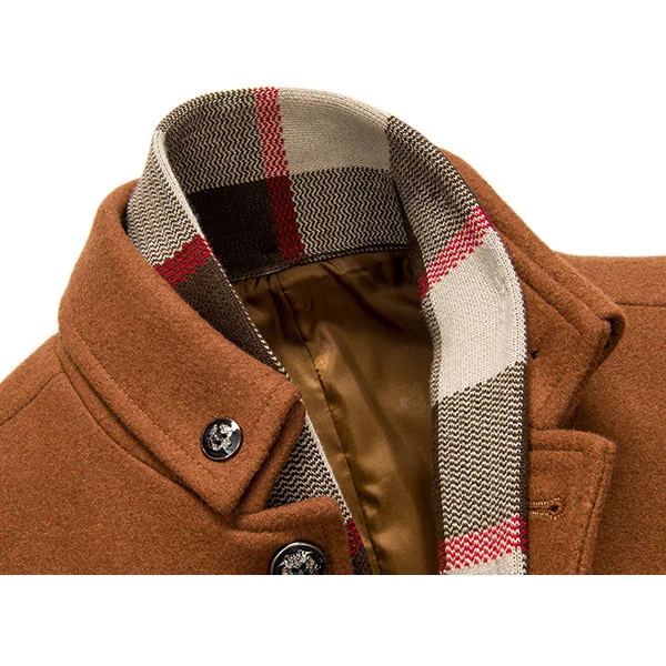 Mens Winter Wool Jacket Scarf Business Mid-long Jacket