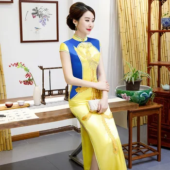 

Stylish Ladies Polyester Cheongsam New Summer Chinese style Mandarin Collar Long Dress Womens Qipao Slim Party Dresses Vestido