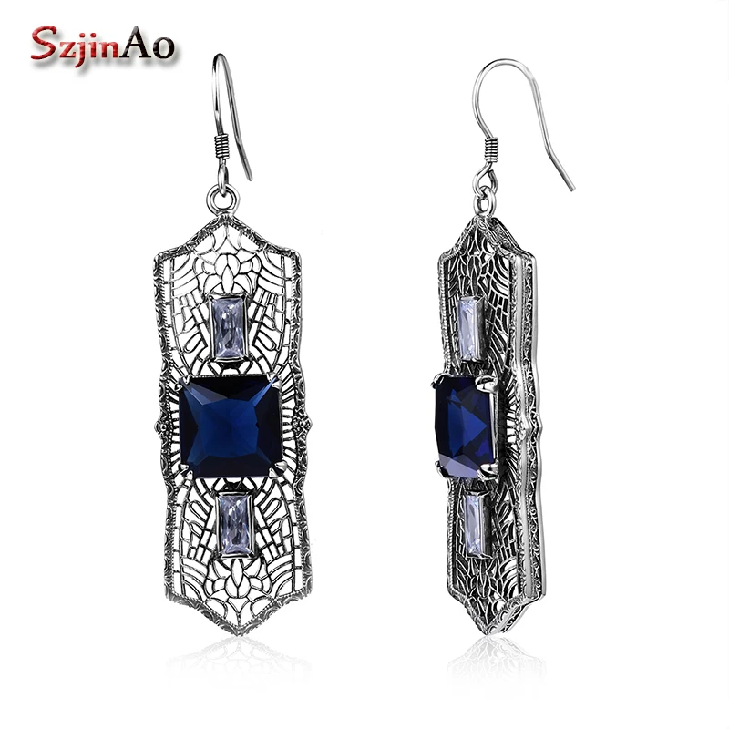 

Szjinao Sapphire Fine Jewelry Earrings for Women 925 Sterling Silver Crystal Vintage Romantic Party Long Earrings Accessories