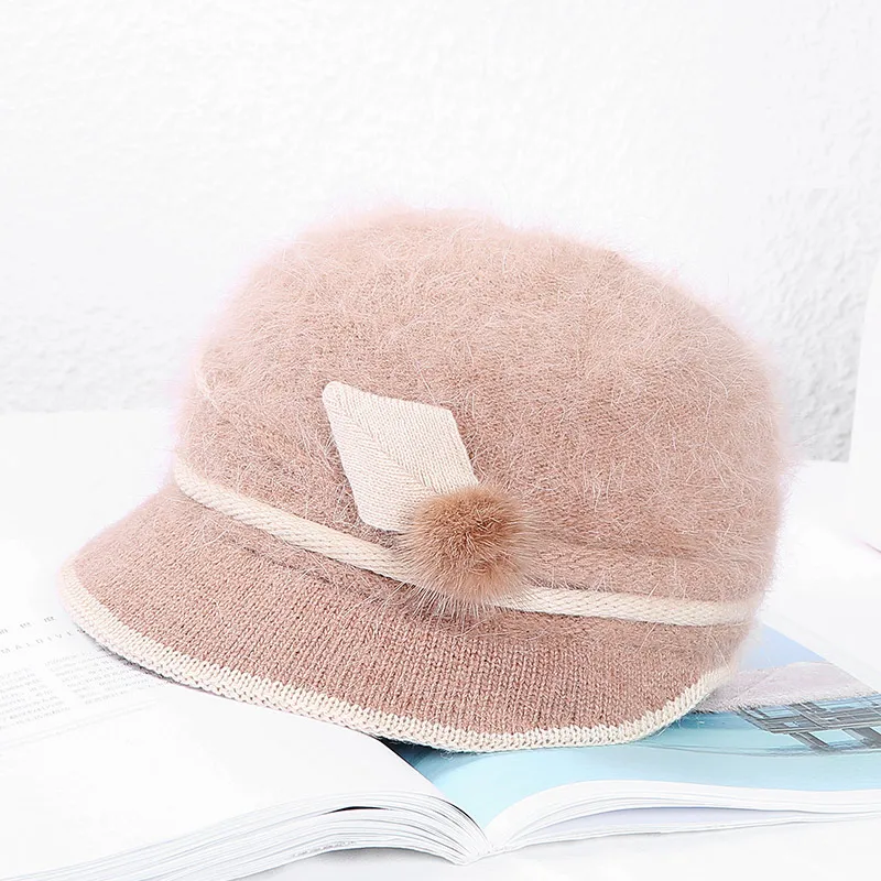 Khaki Hat Двухслойная женская теплая зимняя шапка из кроличьего меха шапки Мешковатые Головные уборы кепка вязаная шапка шарф большая Цветочная шапка - Цвет: Khaki Hat