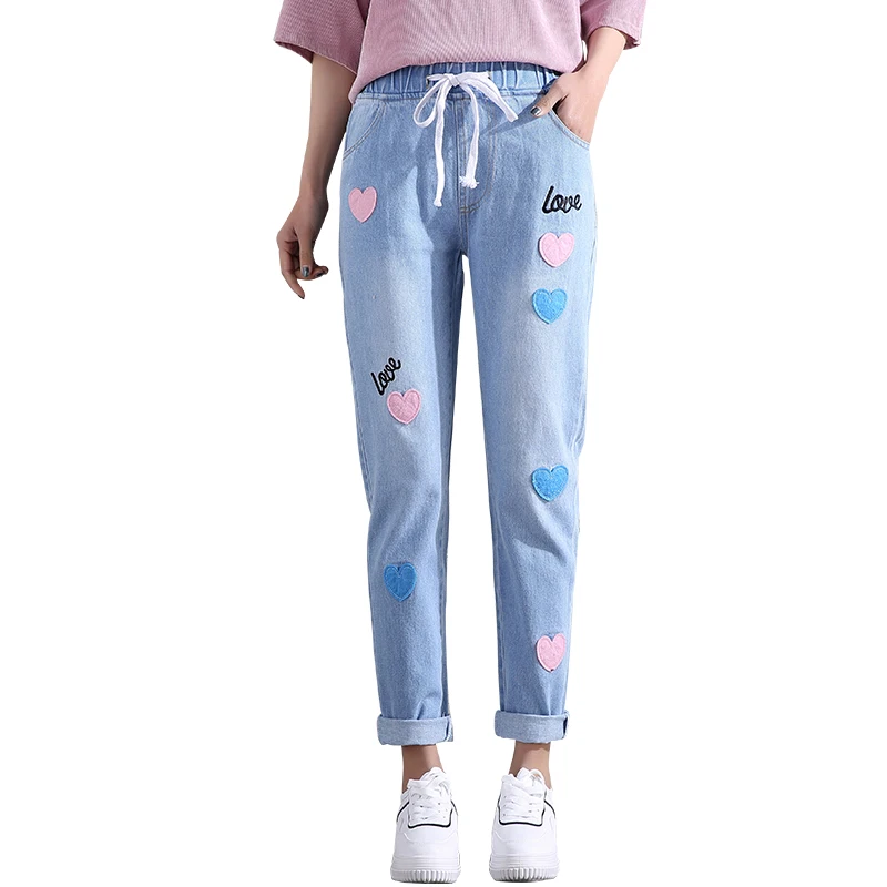 

Drawstring Elastic High Waist Slim Patchwork Embroidery Love Cute Lolita Women Girl Pencil Denim Pant Plus Size Jeans Kawaii