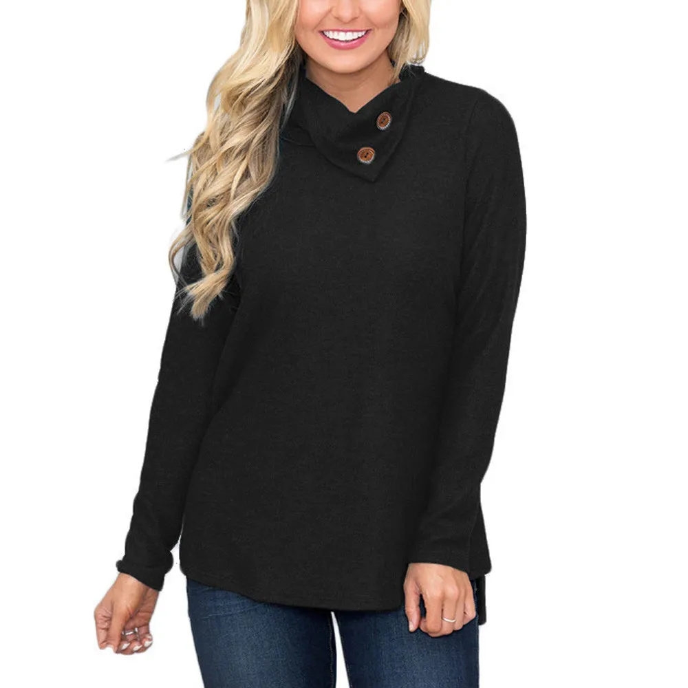 

Fashion winter women blouses solid Women Skew Collar Solid Botton Long Sleeve Sweatshirt girl Pullover Blouse Polyester